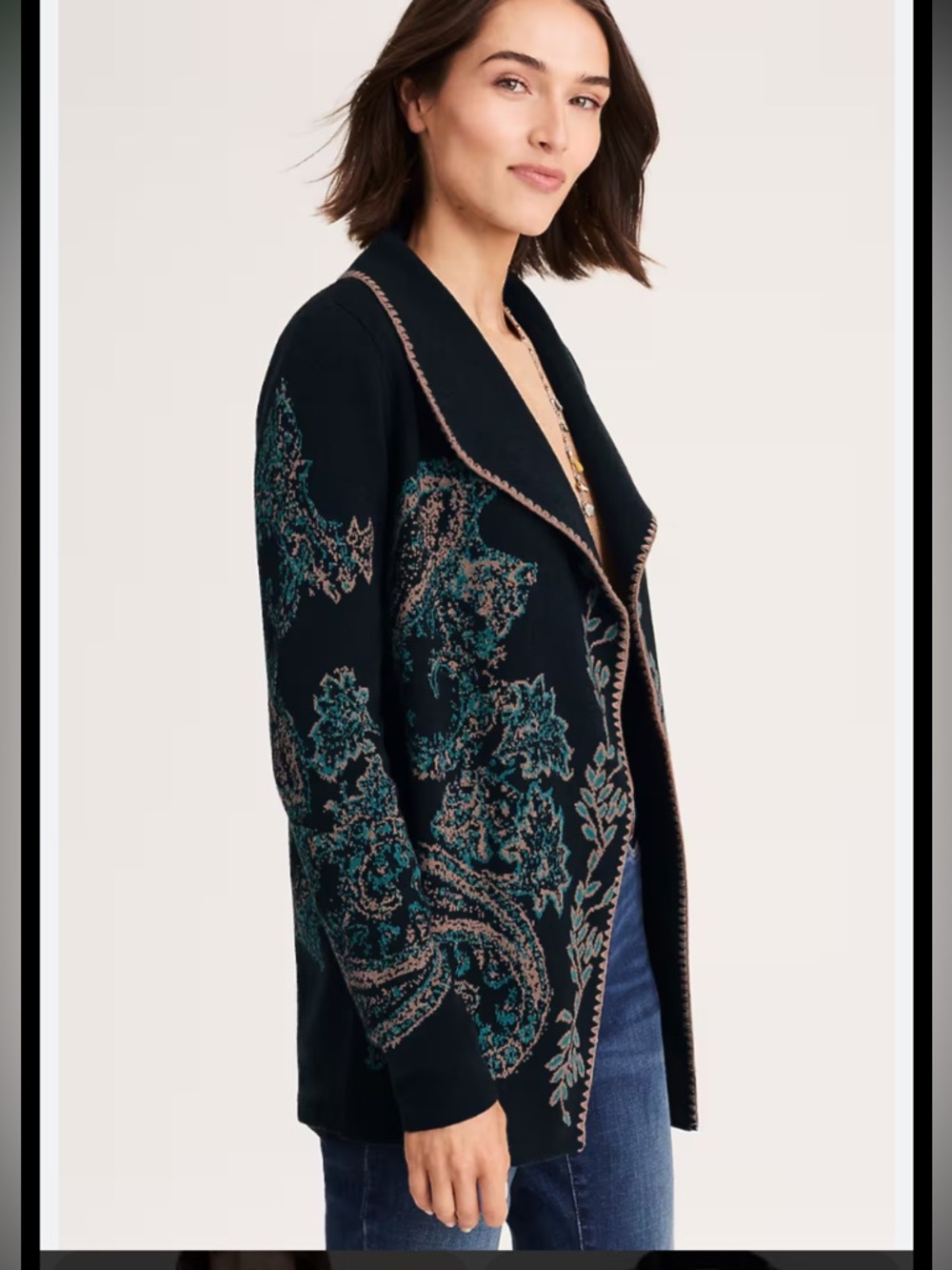 New J. Jill size M Black Floral Embroidered Open Cardigan Sweater